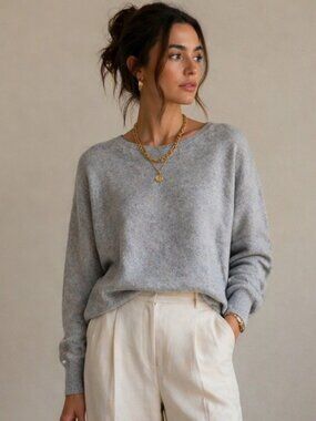 Le Kasha 100% Cashmere Sweater Gray M Women Crewneck Luxury Soft Knit Pullover